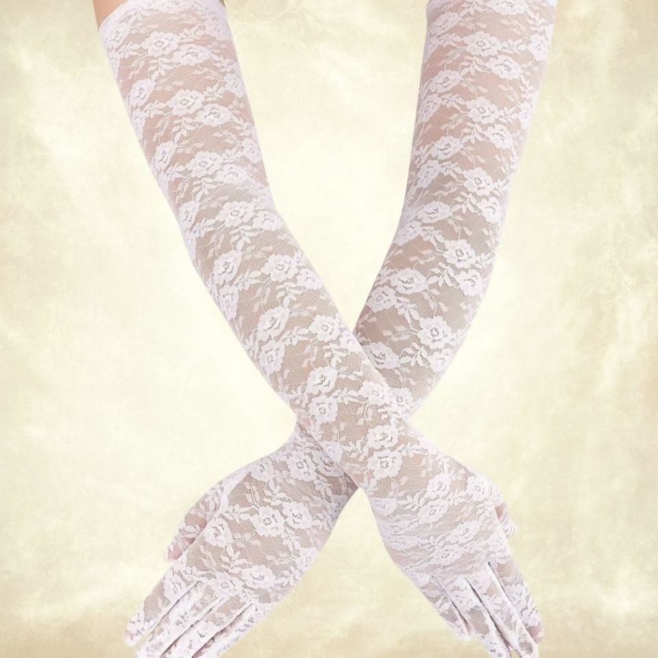 Barones Beyaz Renk Desenli Dantel Eldiven 50 cm