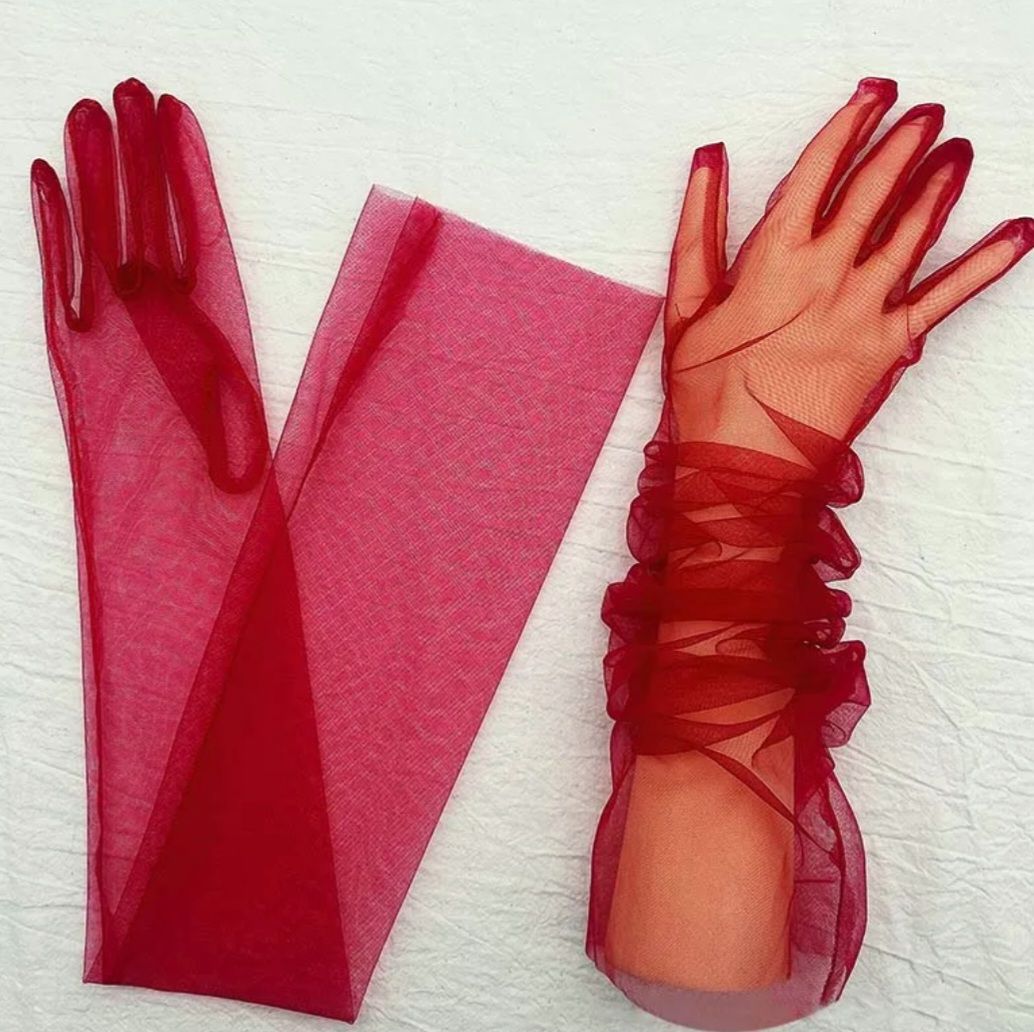 Leydi Bordo Renk Organze Eldiven 60 cm