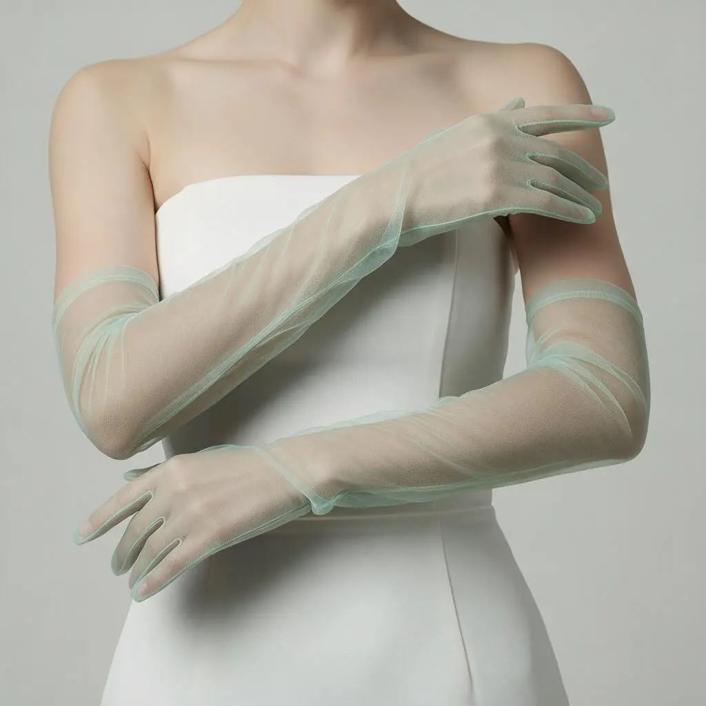 Lady Mint Yeşil Organze Eldiven 60 cm