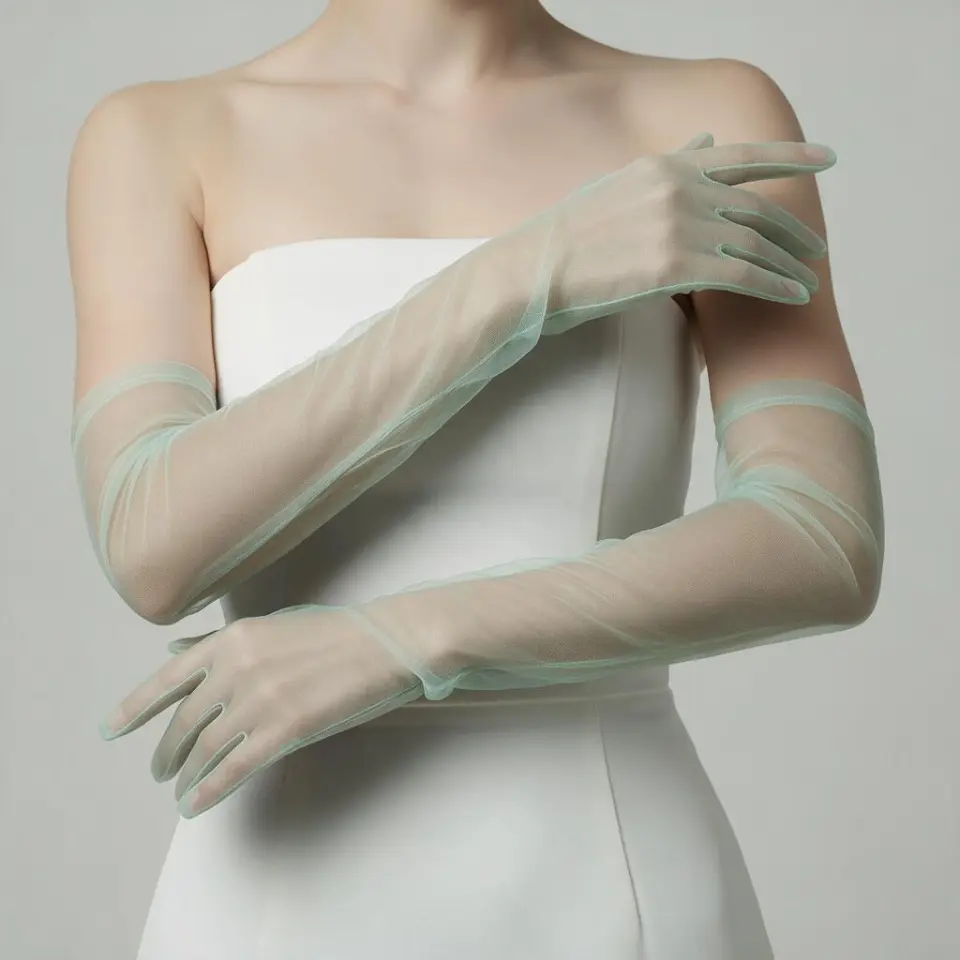 Lady Mint Yeşil Organze Eldiven 60 cm