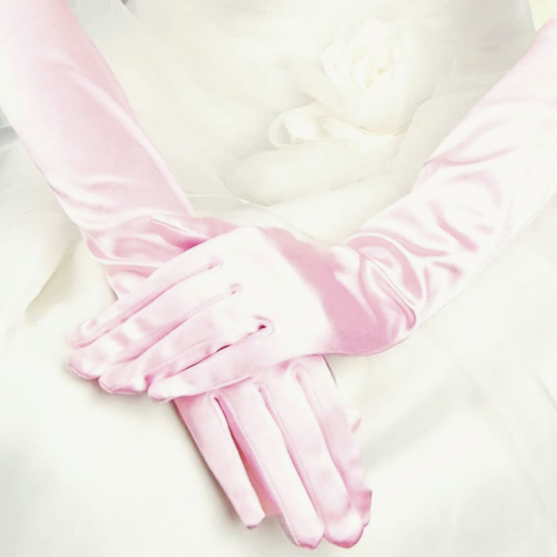 Opera Pembe Renk İpek Saten  Eldiven 38 cm