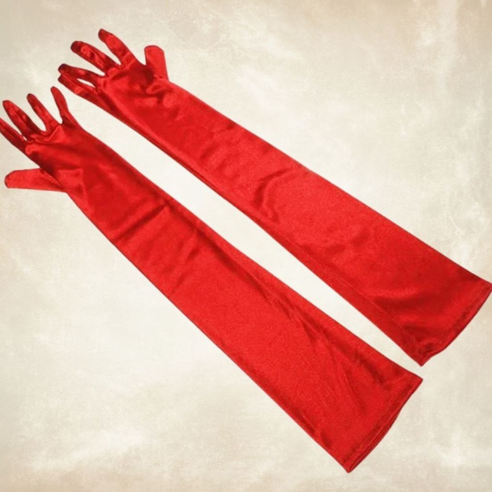 Opera Kırmızı Renk  İpek Saten Eldiven 43 cm