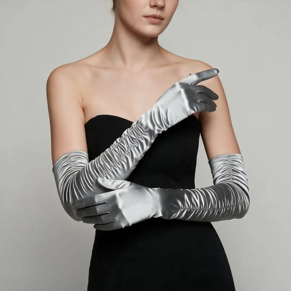 Drape Gümüş İpek Saten Eldiven 45 cm