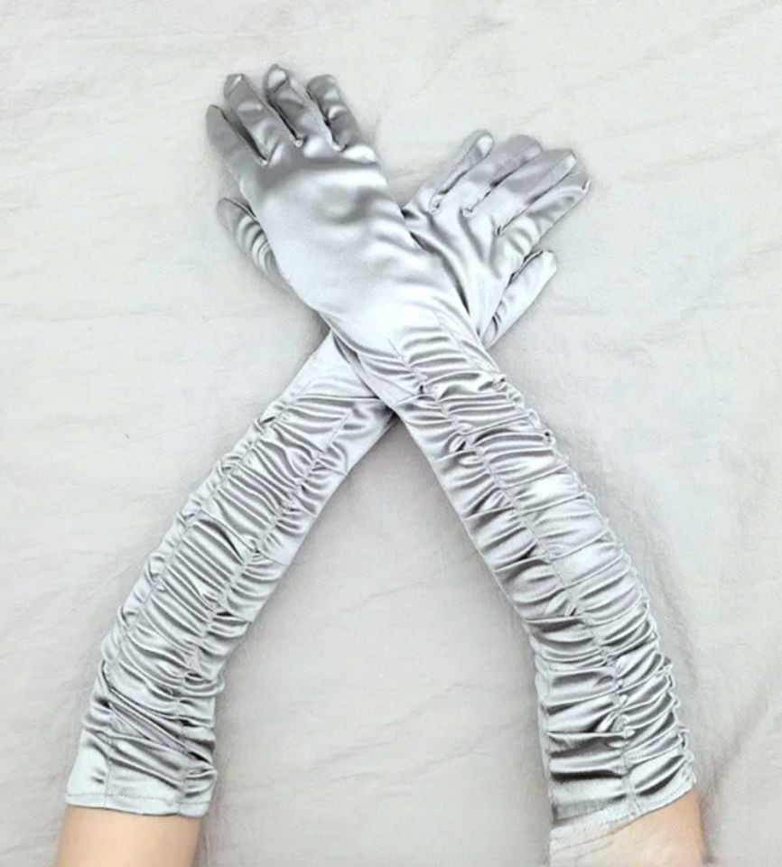 Drape Gümüş Renk İpek Saten Eldiven 45 cm