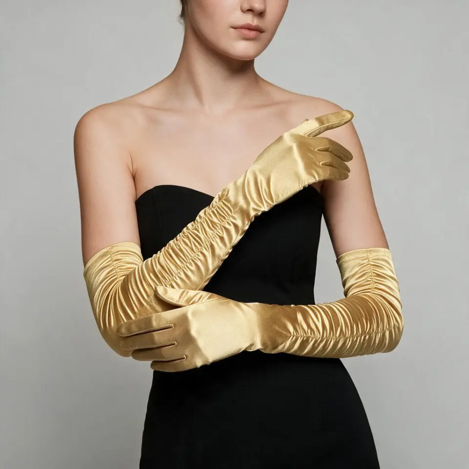 Drape Gold İpek Saten Eldiven 45 cm