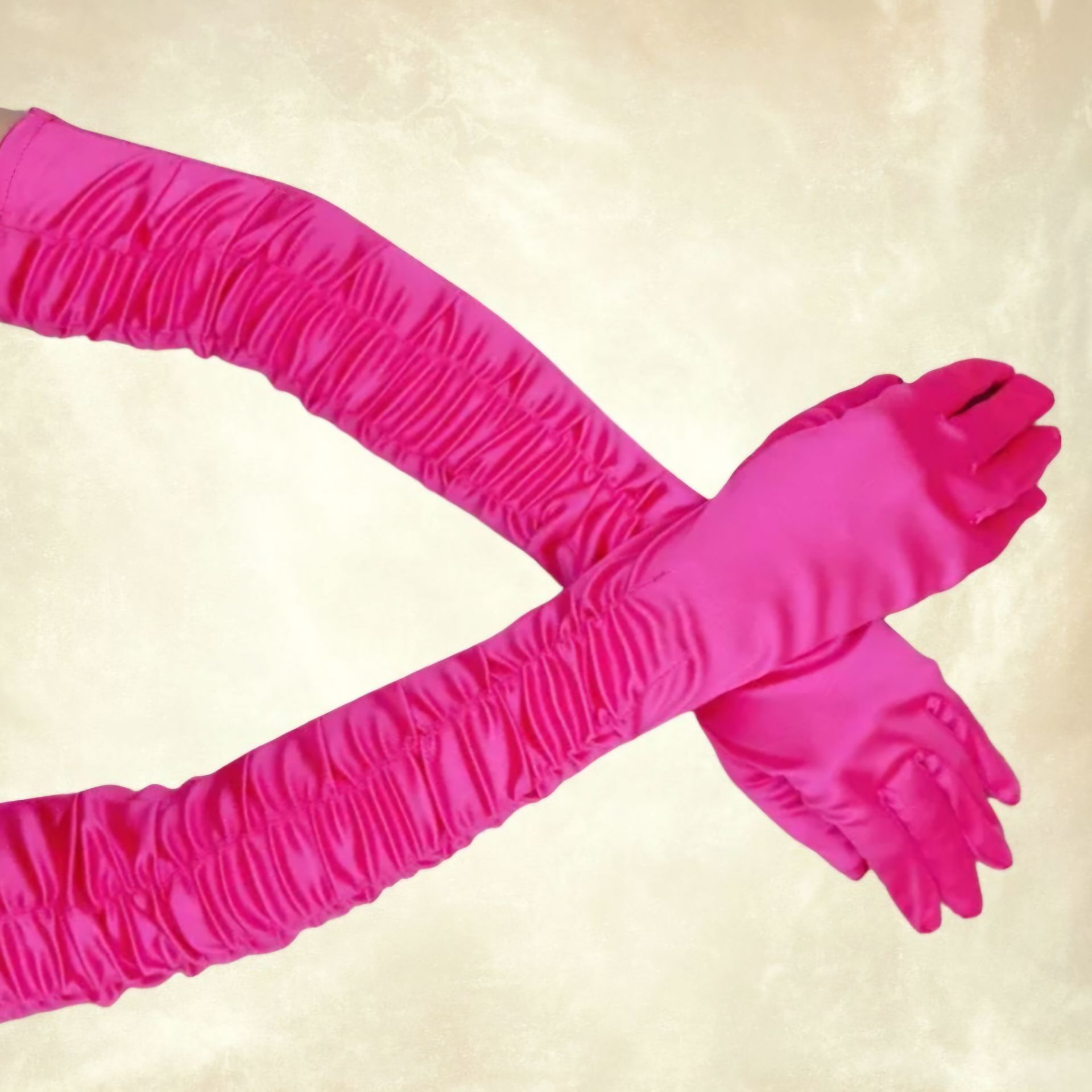 Drape Fuşya Pembe Renk İpek Saten Eldiven 45 cm