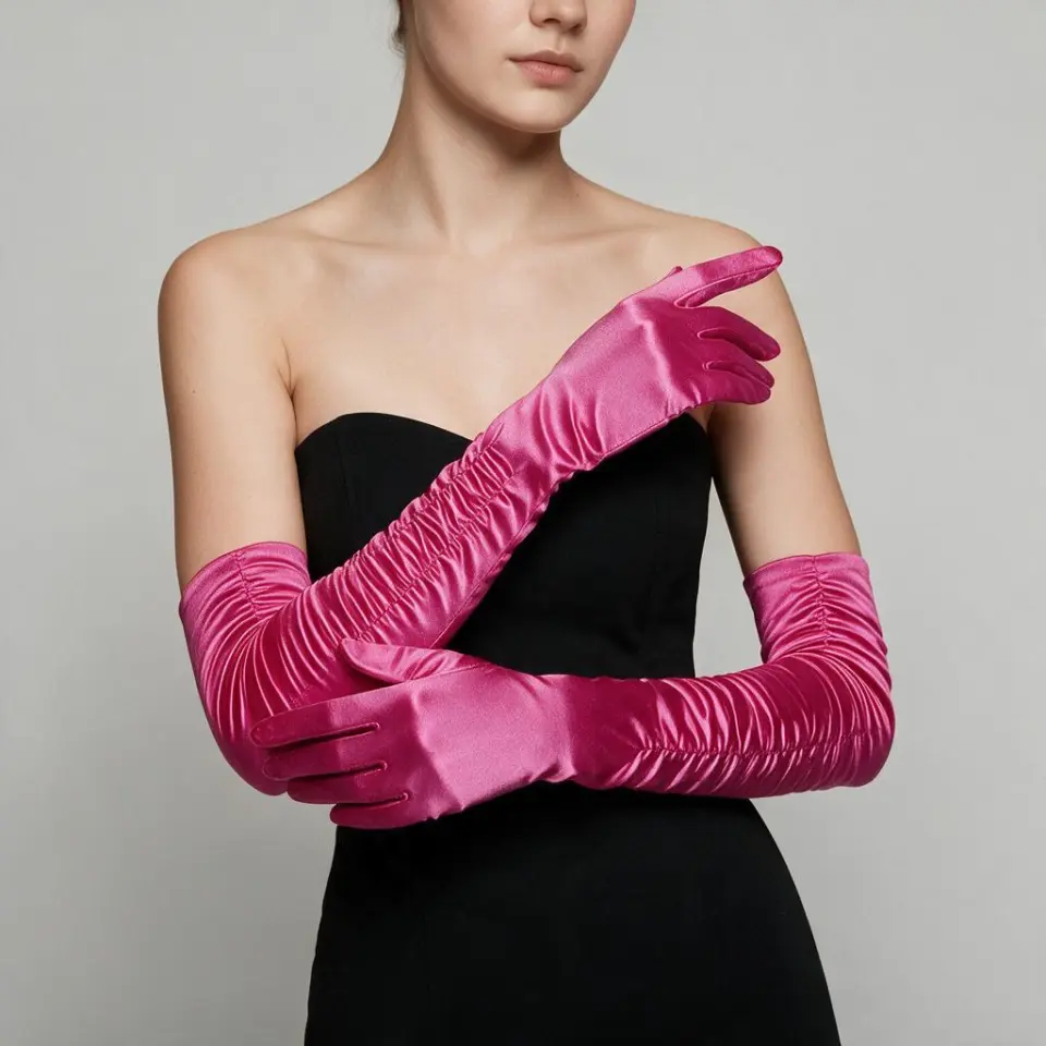 Drape Fuşya İpek Saten Eldiven 45 cm