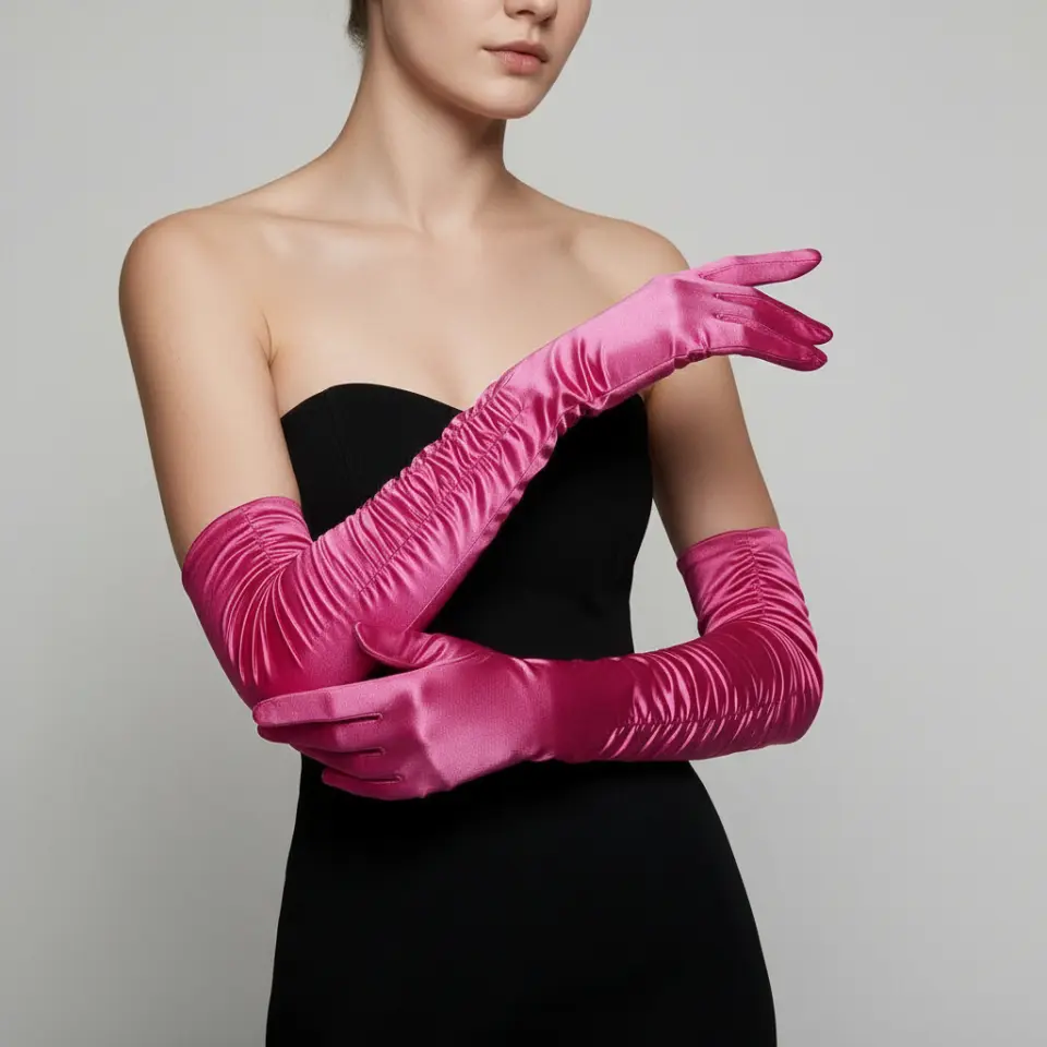 Drape Fuşya İpek Saten Eldiven 45 cm