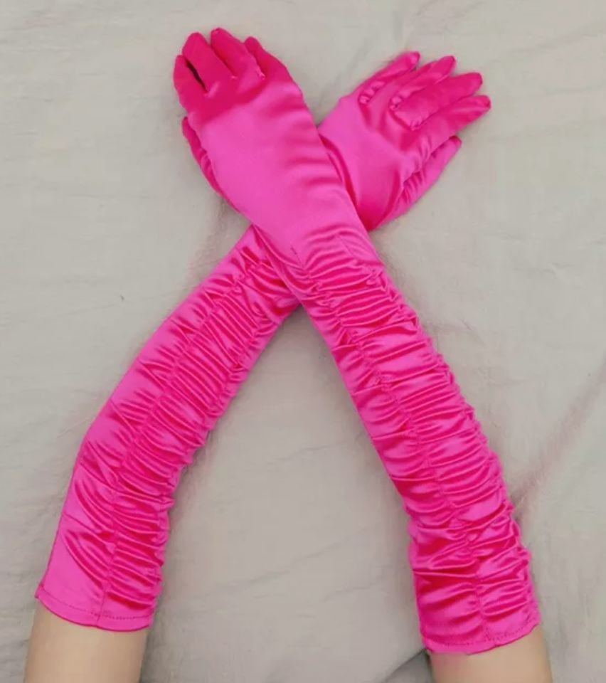 Drape Fuşya Pembe Renk İpek Saten Eldiven 45 cm