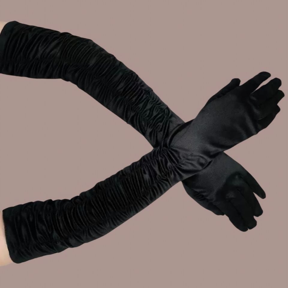 Drape Siyah İpek Saten Eldiven 45 cm