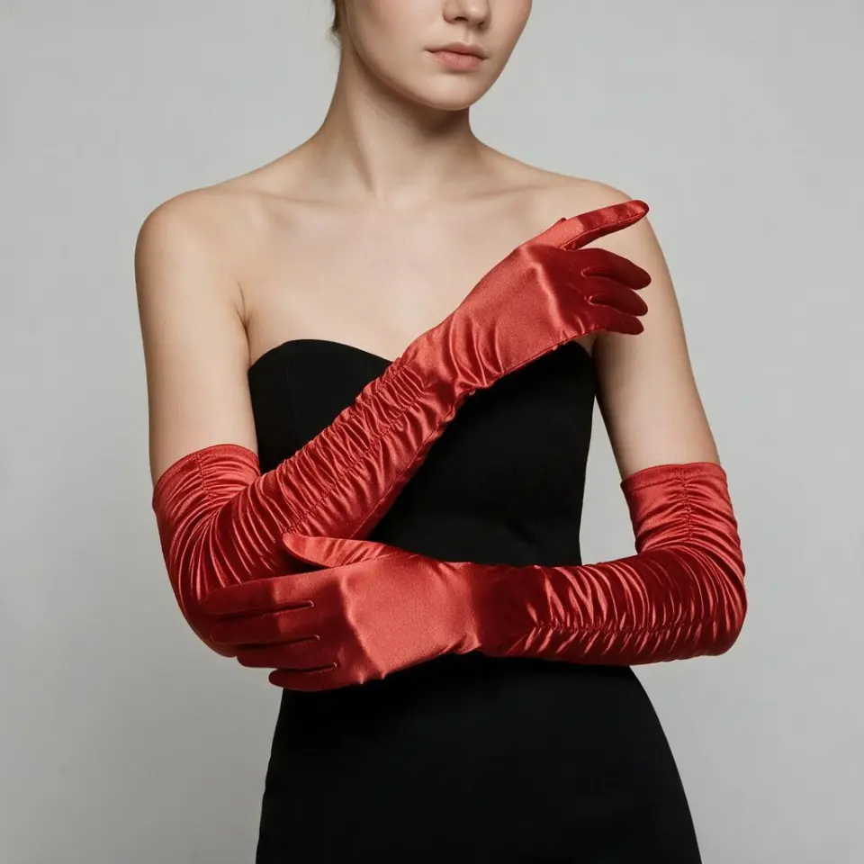 Drape Kırmızı İpek Saten Eldiven 45 cm