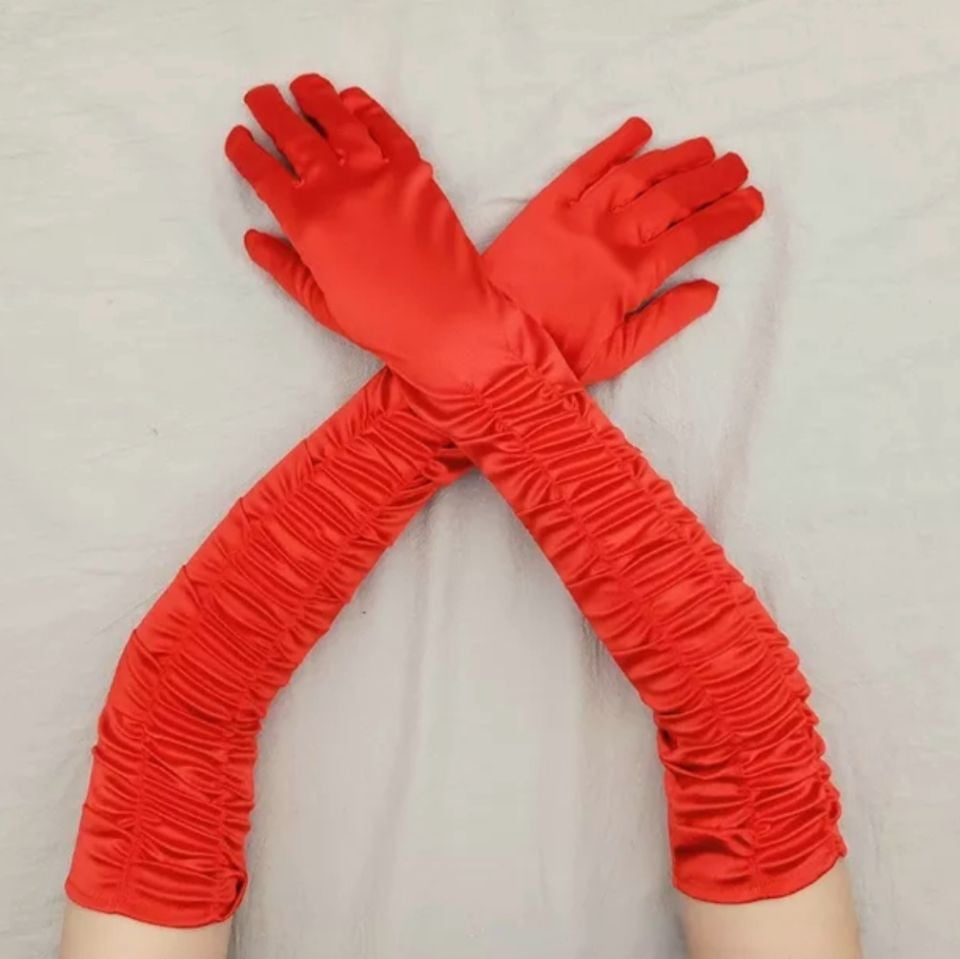 Drape Kırmızı Renk İpek Saten Eldiven 45 cm