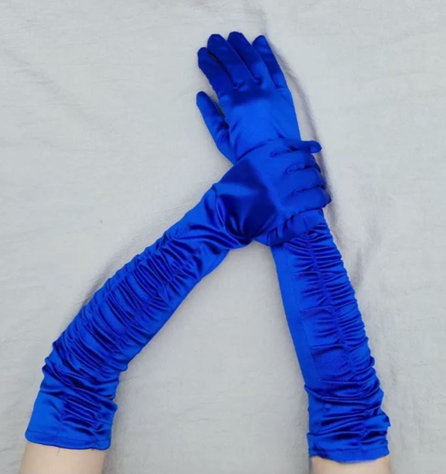 Drape Saks Mavi Renk İpek Saten Eldiven 45 cm