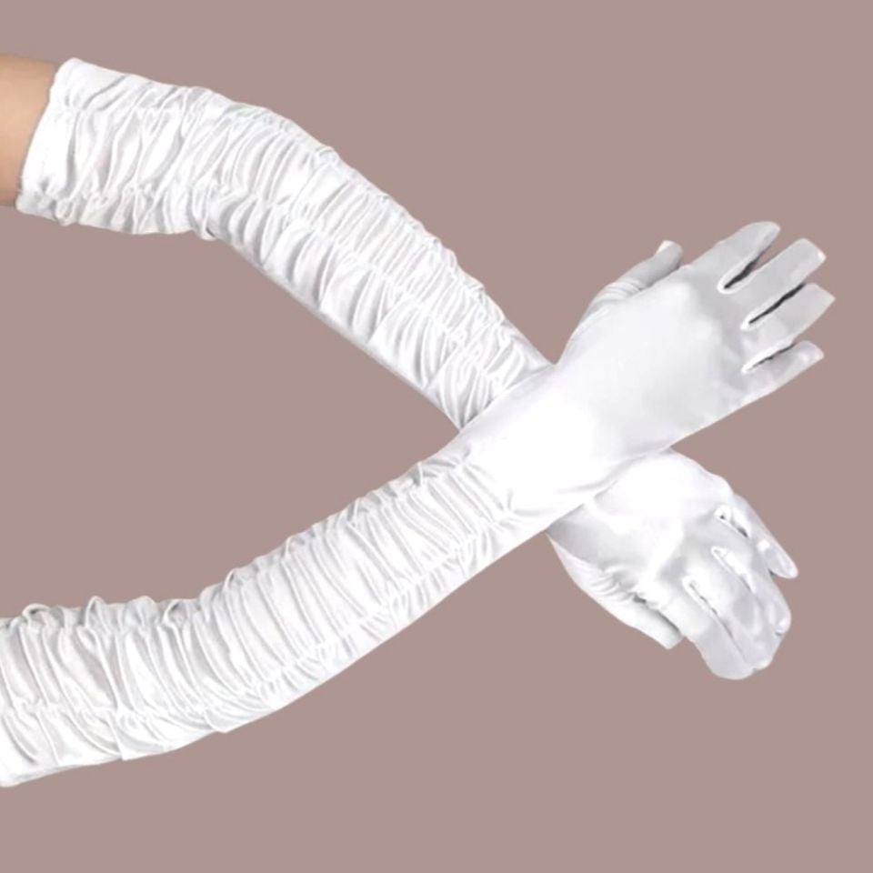 Drape Beyaz Renk İpek Saten Eldiven 45 cm