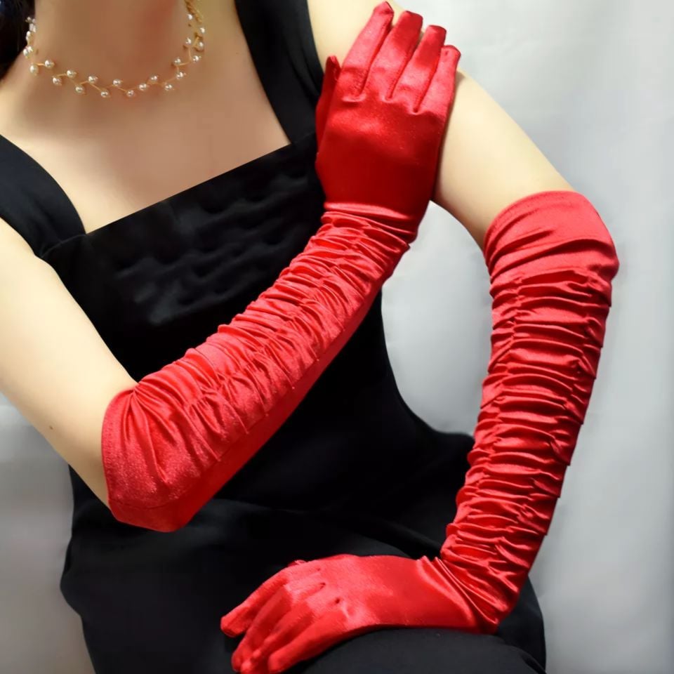 Drape Kırmızı Renk İpek Saten Eldiven 55 cm