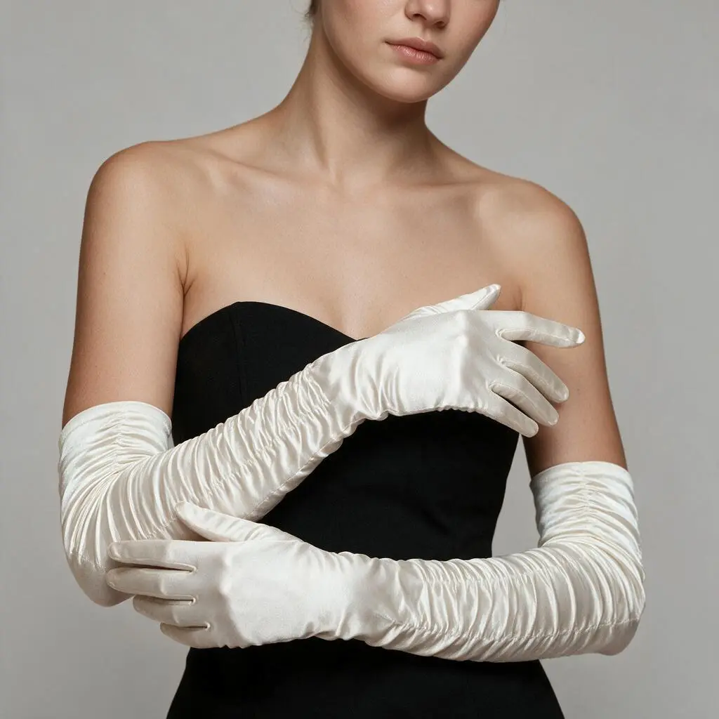 Drape İnci Beyaz İpek Saten Eldiven 55 cm