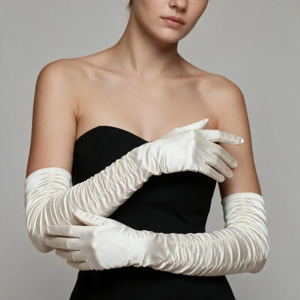 Drape İnci Beyaz İpek Saten Eldiven 55 cm