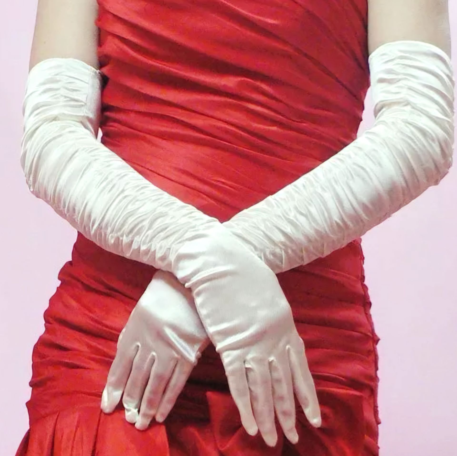 Drape İnci Beyaz Renk İpek Saten Eldiven 55 cm