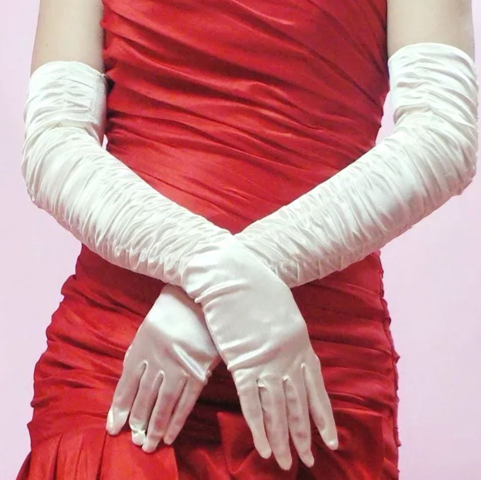 Drape İnci Beyaz İpek Saten Eldiven 55 cm