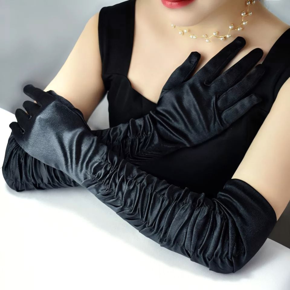 Drape Siyah Renk İpek Saten  Eldiven 55 cm