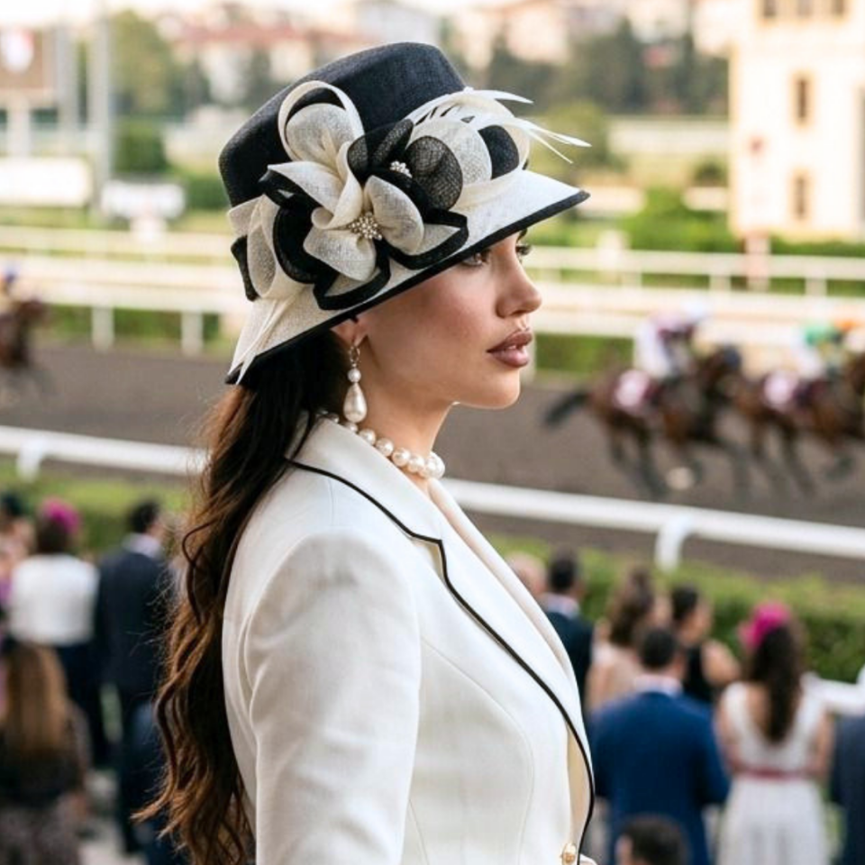 Raina Siyah Beyaz Renk Elegan Şapka 30 cm Özel Şapka Kutulu