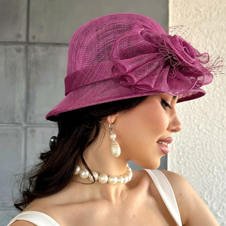 Raina Fuşya Pembe Renk Elegan Şapka 30 cm Özel Kutulu