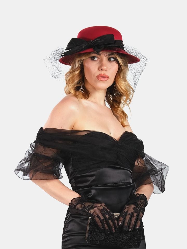 Margaret Bordo Renk Saten Vualet Şapka