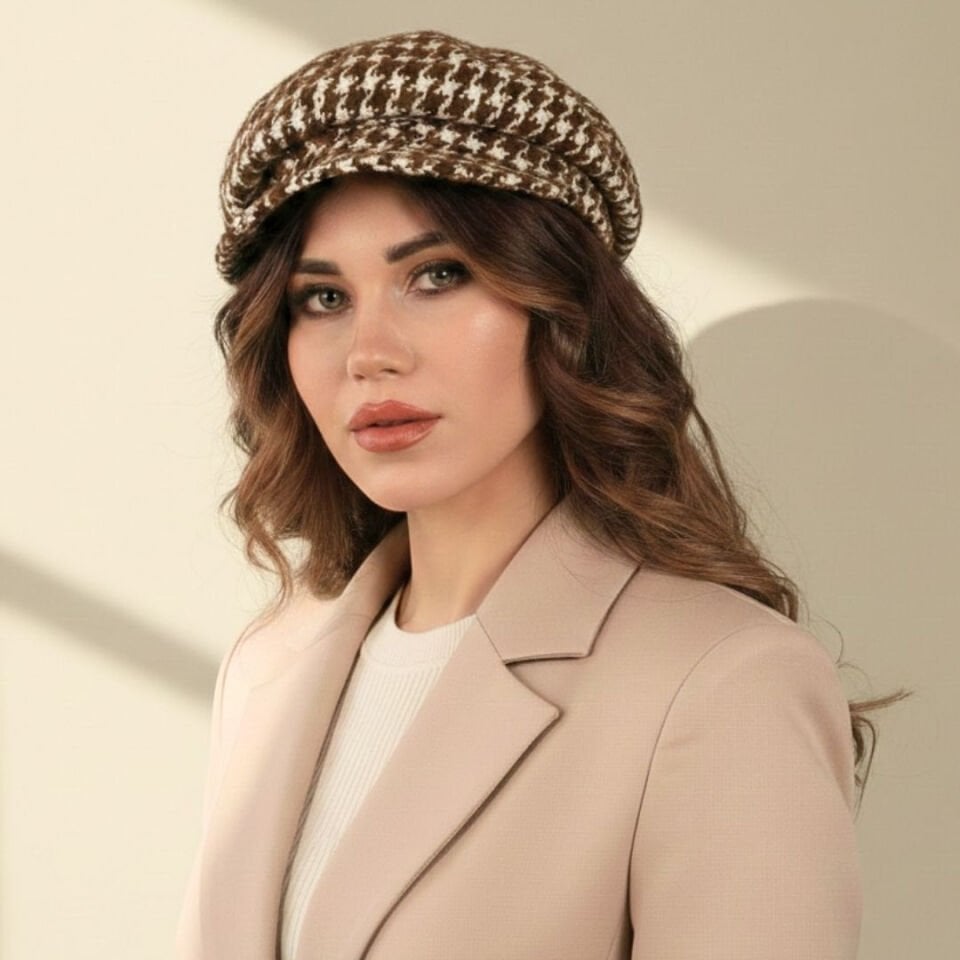 Serena Kahverengi Ekru Renk Desenli Ressam Şapka