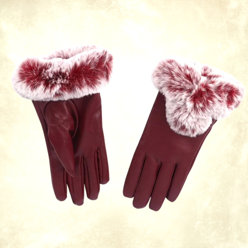 Gotik Bordo Renk Suni Deri Peluşlu Eldiven