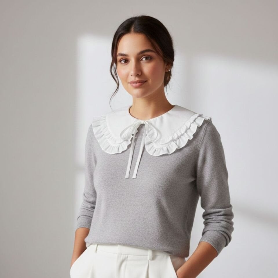 Kırık Beyaz Renk Coton Yaka Çift Kat