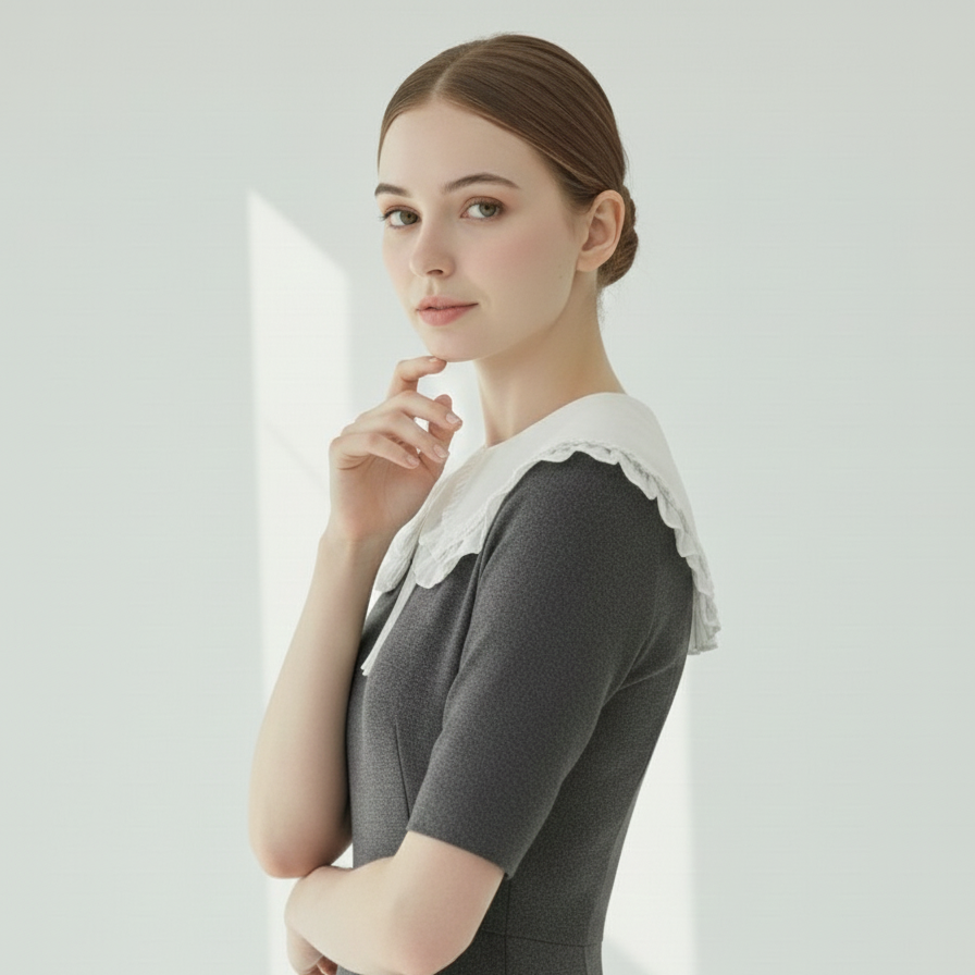 Kırık Beyaz Renk Coton Şifon Tek Fırfırlı Yaka