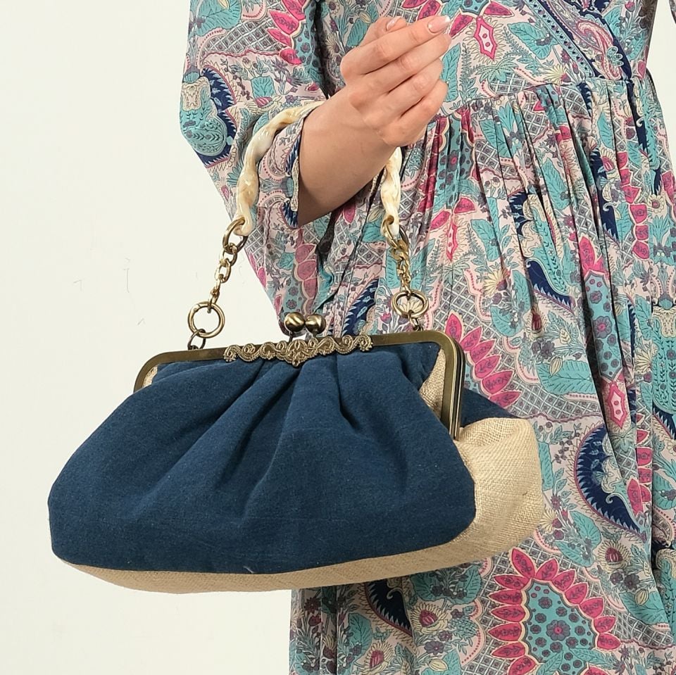 Denim Model Koyu Mavi Kot Jüt Kumaş Tasarım Çanta