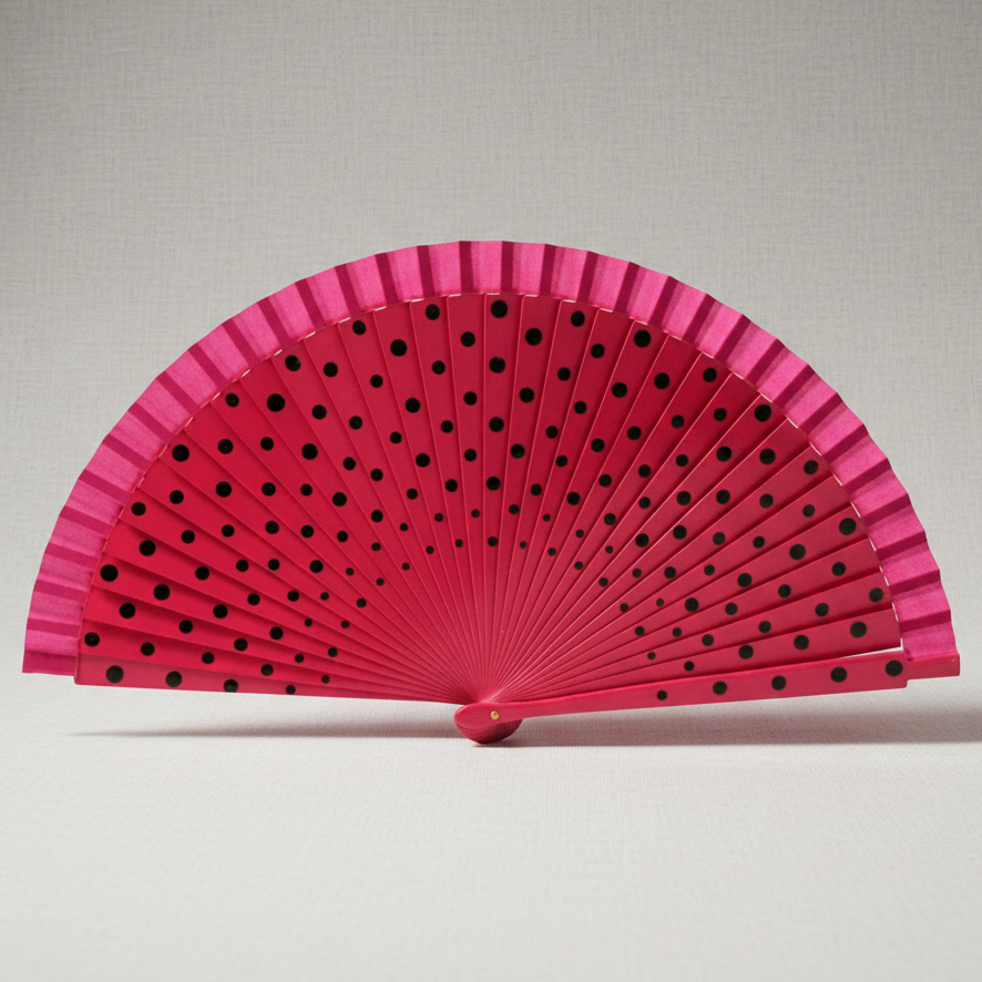 Fuşya Pembe Puantiyeli Bambu Yelpaze Özel Kutulu