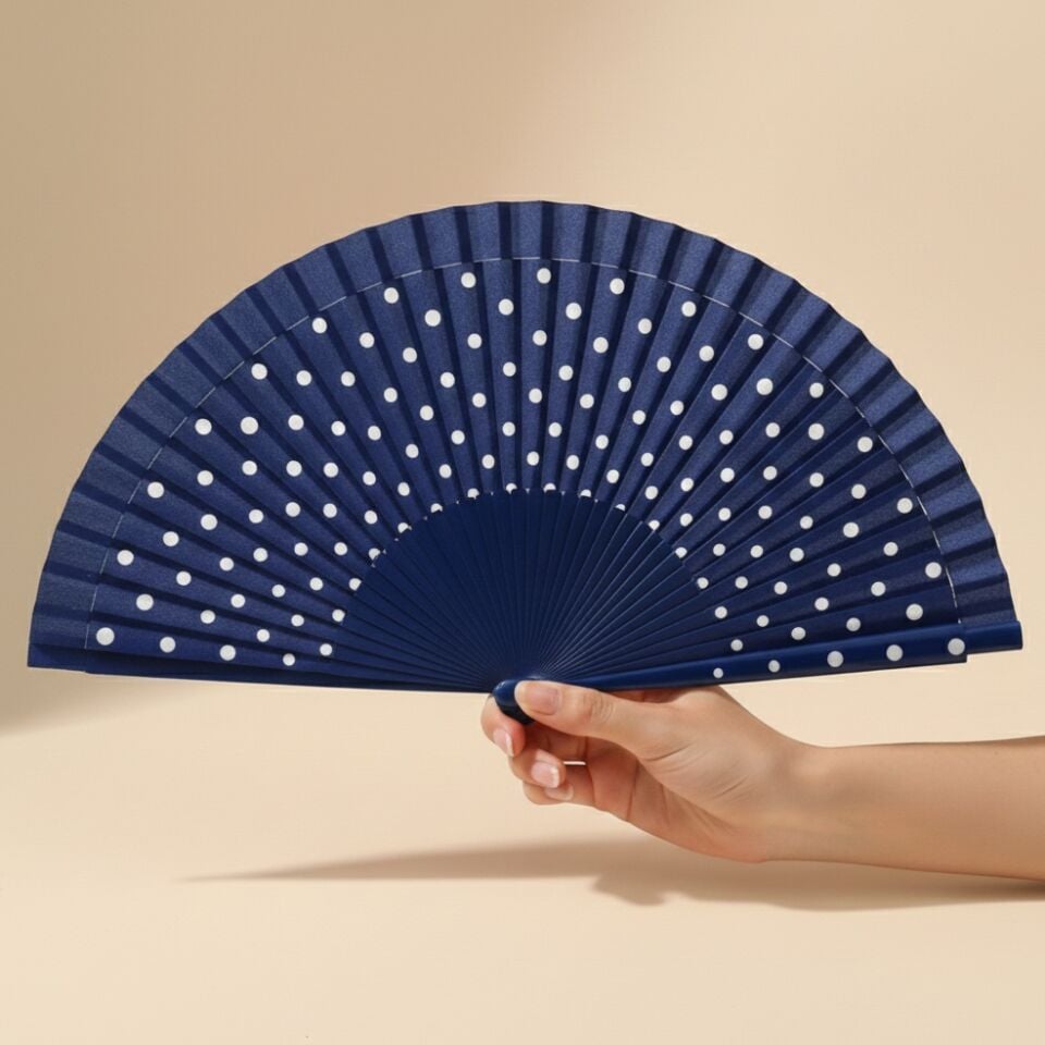 Lacivert Renk Puantiyeli Bambu Yelpaze Özel Kutulu