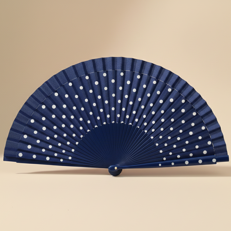 Lacivert Renk Puantiyeli Bambu Yelpaze Özel Kutulu