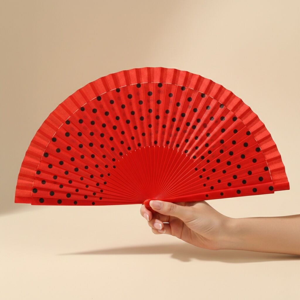 Kırmızı Renk Puantiyeli Bambu Yelpaze Özel Kutulu