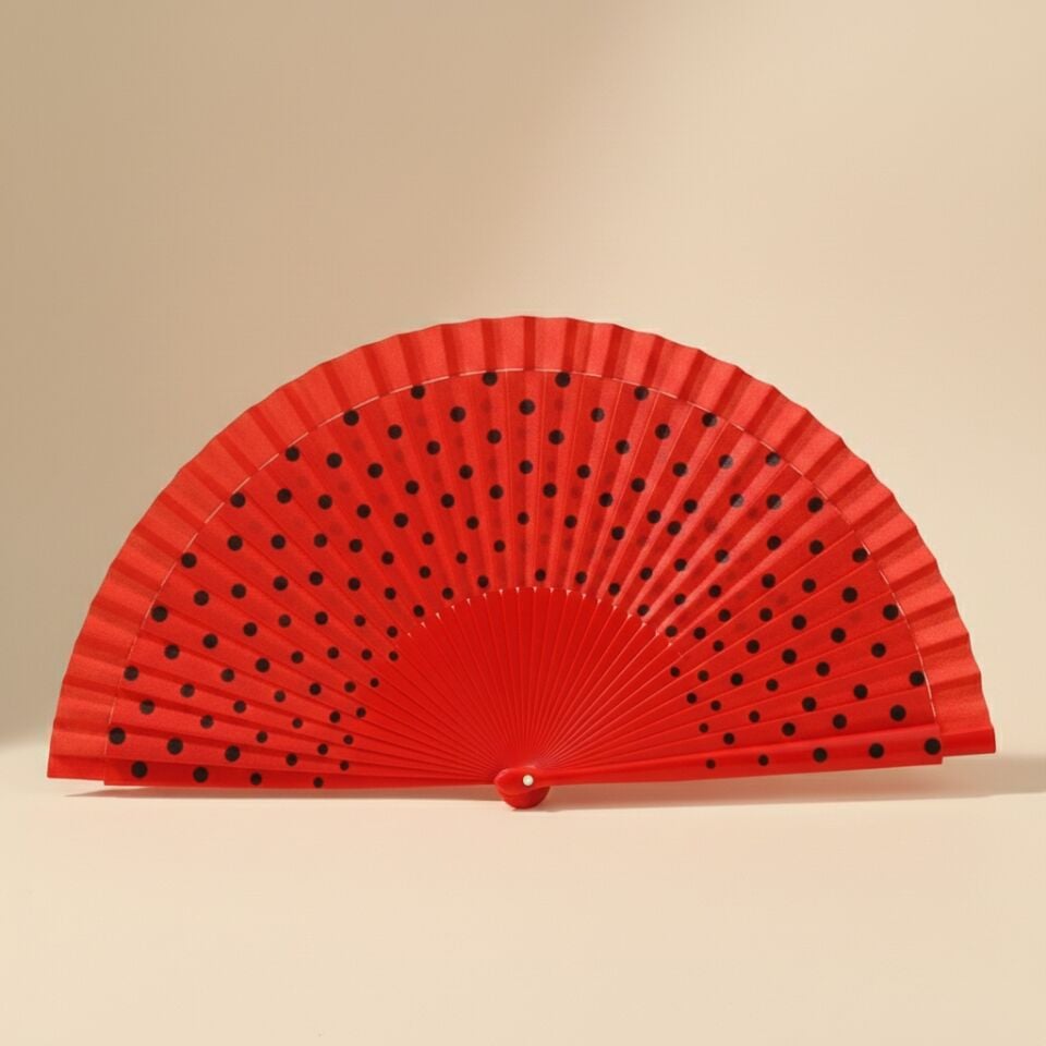 Kırmızı Renk Puantiyeli Bambu Yelpaze Özel Kutulu