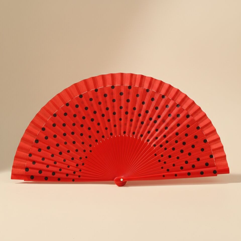 Kırmızı Renk Puantiyeli Bambu Yelpaze Özel Kutulu