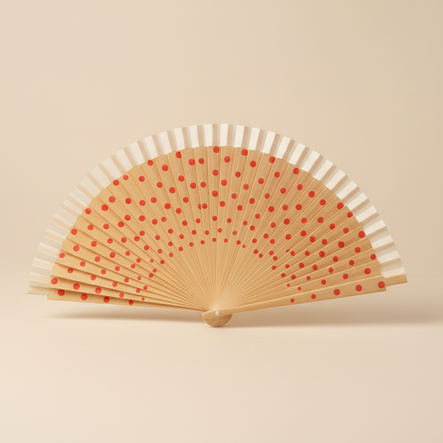 Bej Renk Puantiyeli Bambu Yelpaze Özel Kutulu