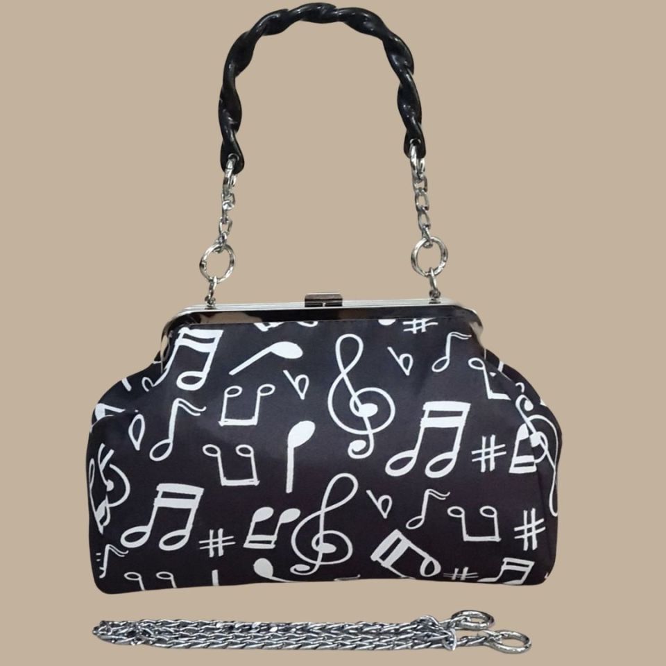 Sardunya Model Siyah Beyaz Müzik Nota Desenli Tasarım Çanta
