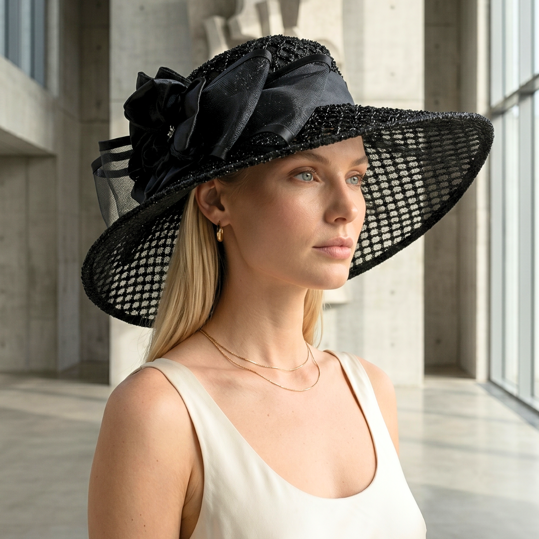 Carlotte Siyah Renk Brode Elegan Şapka 50 cm