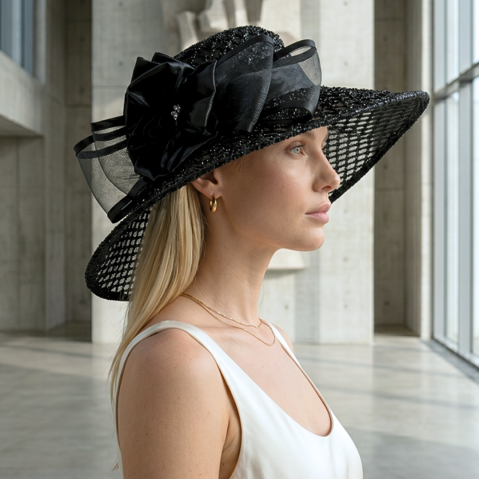 Carlotte Siyah Renk Brode Elegan Şapka 50 cm