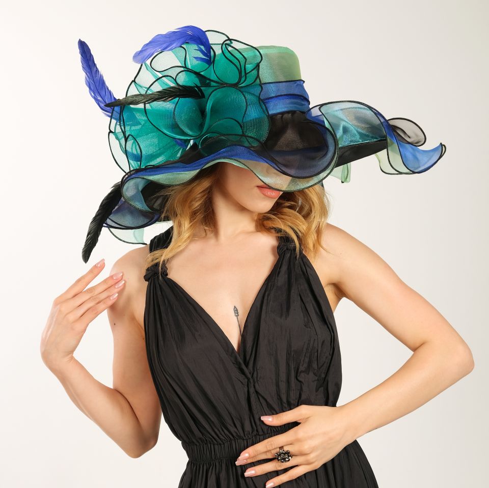 Alice Turkuaz Mavi Renk Alternatifli Elegan Şapka 55 cm  Özel Şapka Kutulu