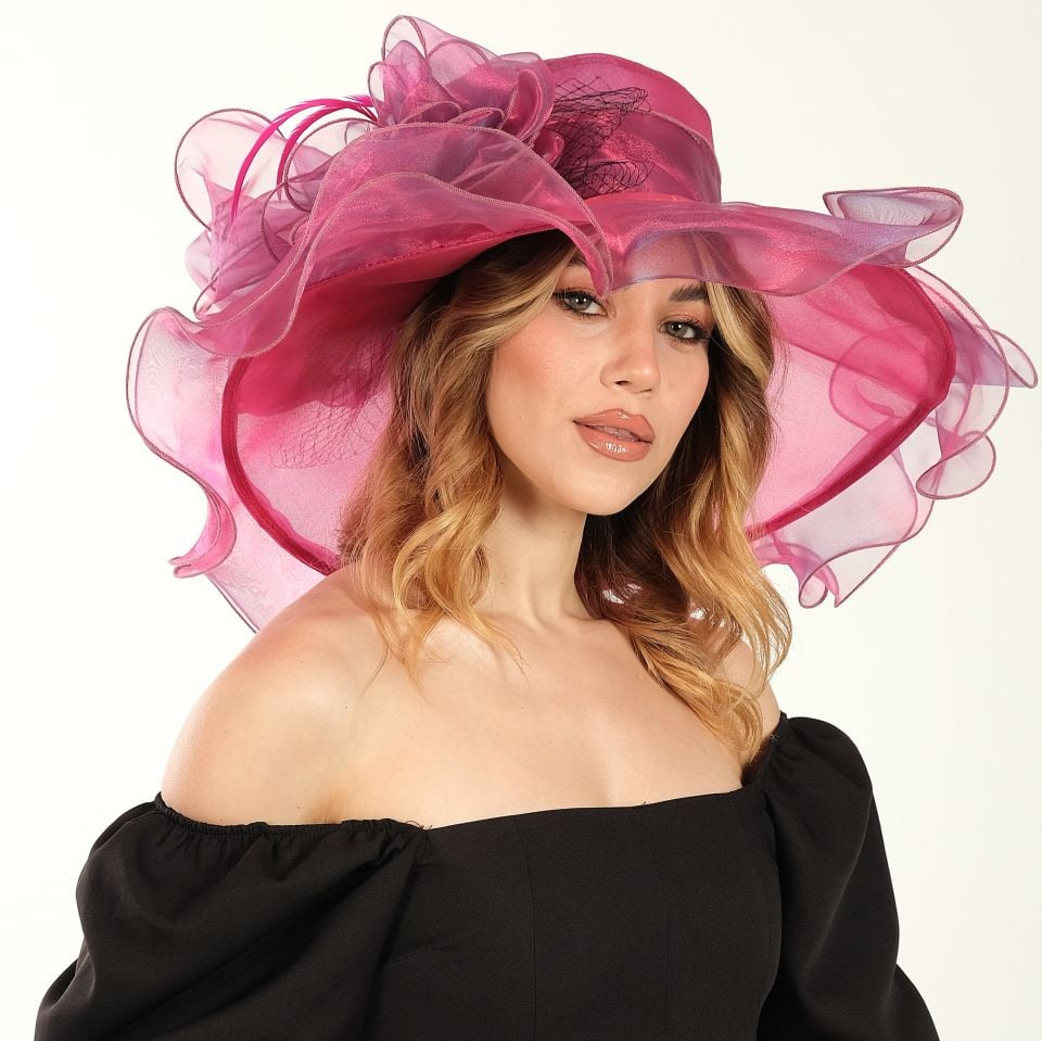 Carol Fuşya Pembe Renk Alternatifli Elegan Şapka 45 cm Özel Şapka Kutulu