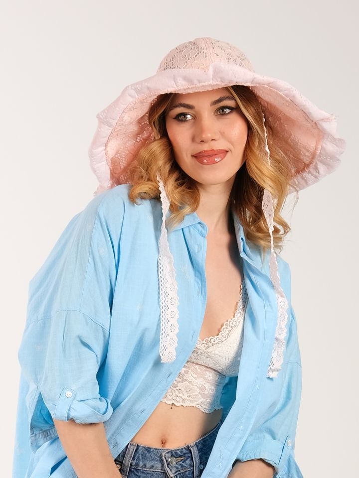 Country Pembe Renk Dantel Şapka 48 cm