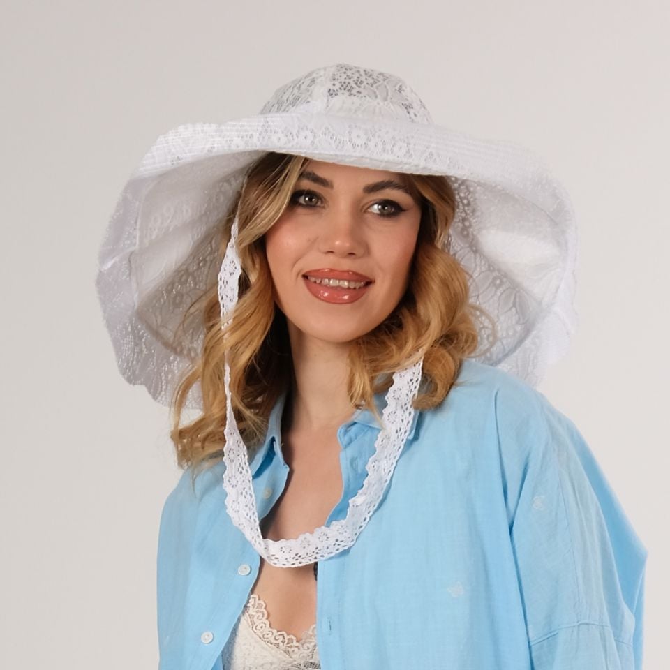 Country Beyaz Renk Dantel Şapka 48 cm