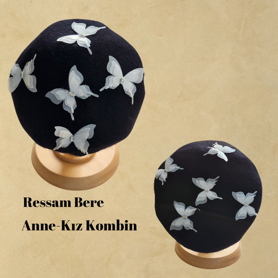 Amata Siyah Renk Anne Kız Kombin Ressam Bere 2 Şapka