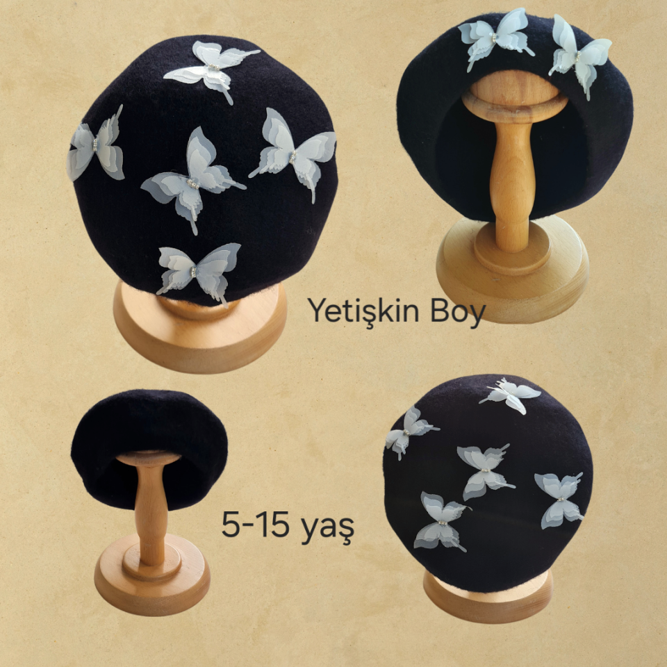 Amata Siyah Renk Anne Kız Kombin Ressam Bere 2 Şapka