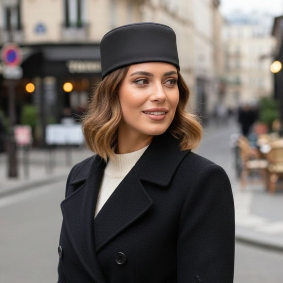 Nora Siyah Renk Mat Saten Şapka 57 cm