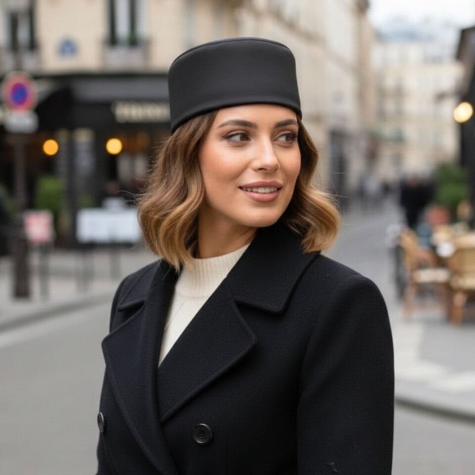 Nora Siyah Renk Mat Saten Şapka 57 cm